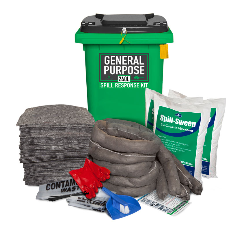 Green 240L wheelie bin spill kit with absorbent pads, socks, pillows, bio-organic absorbent, gloves, and dustpan.