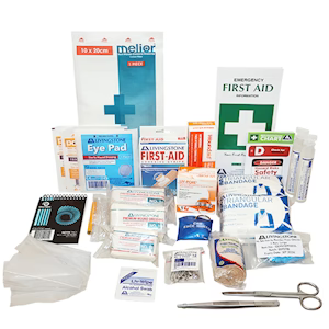 Assorted white and blue first aid kit refill supplies, including bandages, dressings, eyewash, and scissors.