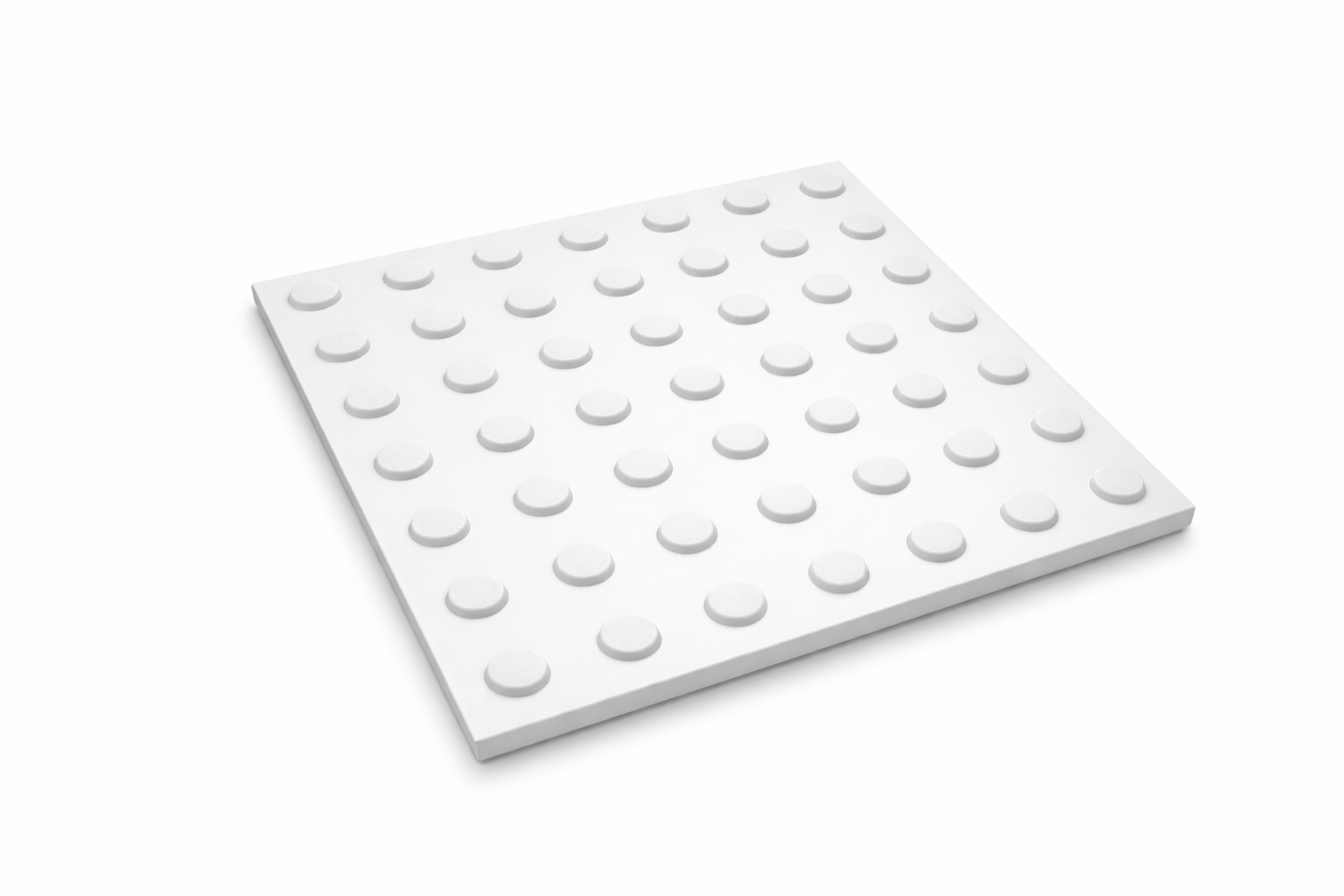 Square white tactile hazard tile with raised circular studs for underfoot and cane detection.